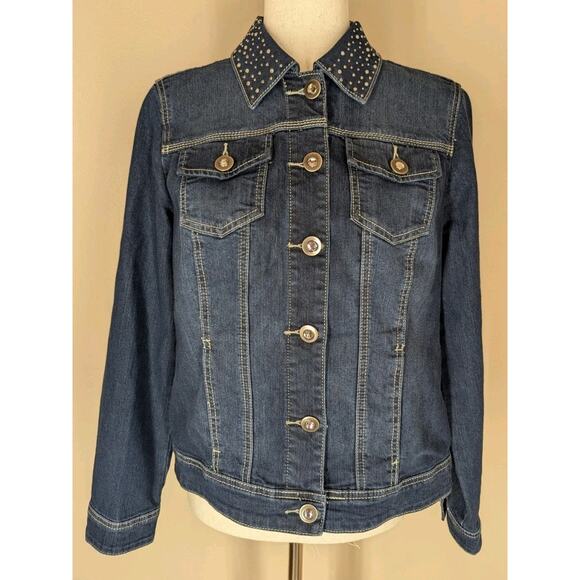 Christopher & Banks Women’s Denim Jacket Rhinestones Rivets Bling Size Small New - Picture 1 of 14